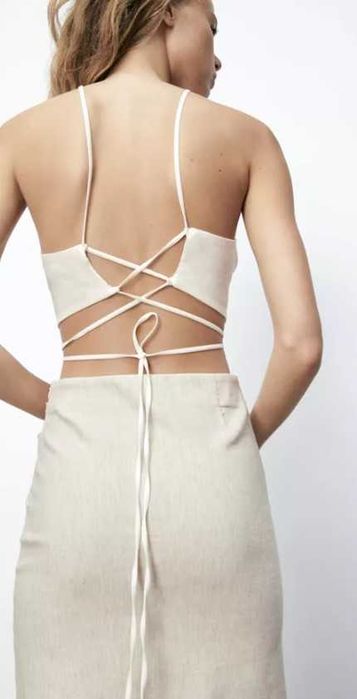 Zara ленен къс кроп топ с гол гръб с връзки екрю