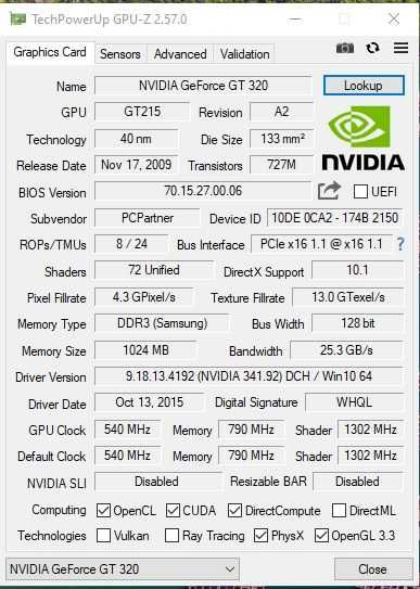 Placa video Nvidia GT 320 1G DDR3 VGA DVI HDMI