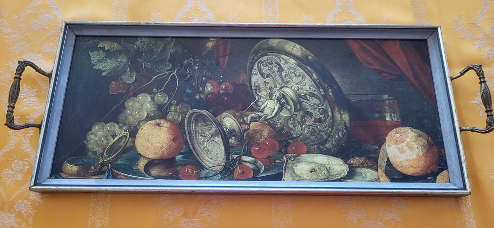 Tava din lemn pictat, platou cu manere, unicat England, Anglia