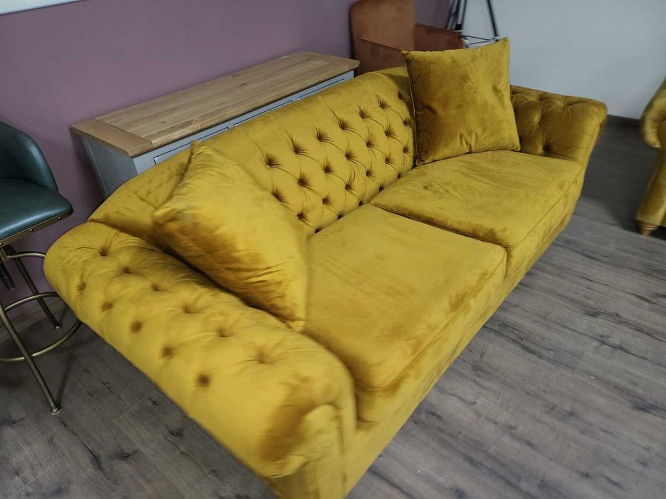 Жълт комплект дивани от плат - плюш тройка и двойка
