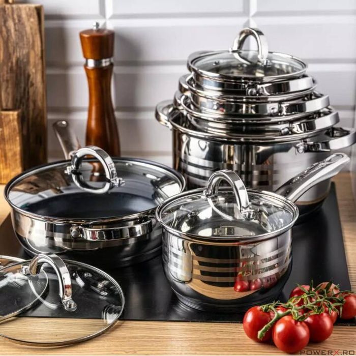 Set 12 piese inox, cu capac din sticla, 5 oale si o tigaie, Klausberg