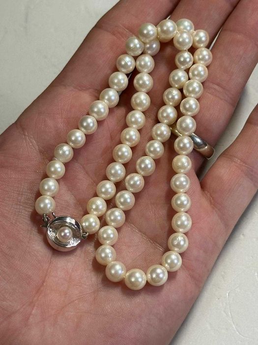 COLIER PERLE Naturale Rotunde +Inchizatoare AUR Alb 18k -2.5g -Vintage