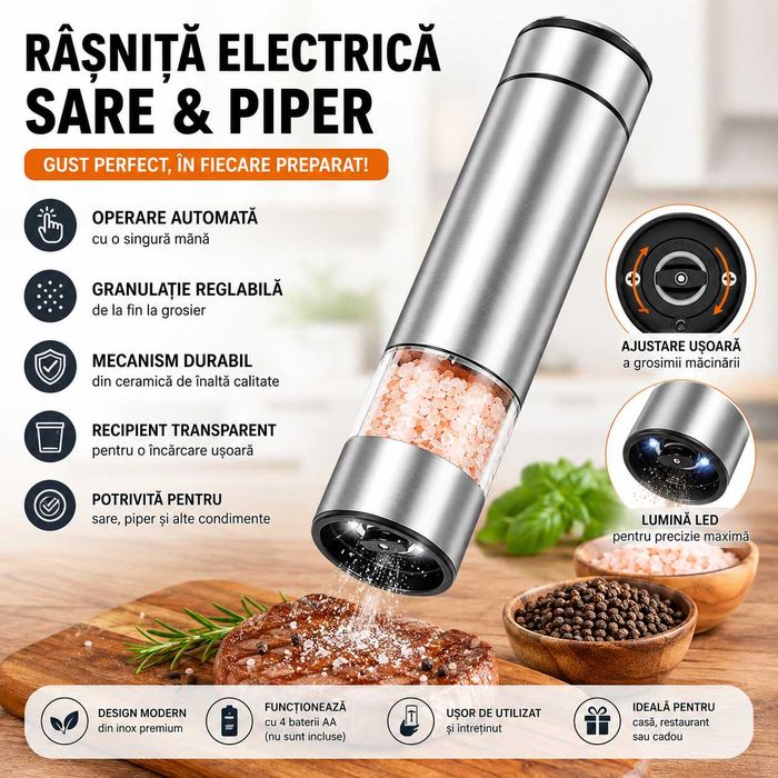 Râșniță Electrică Sare și Piper din Inox, Mecanism Ceramic, Nouă