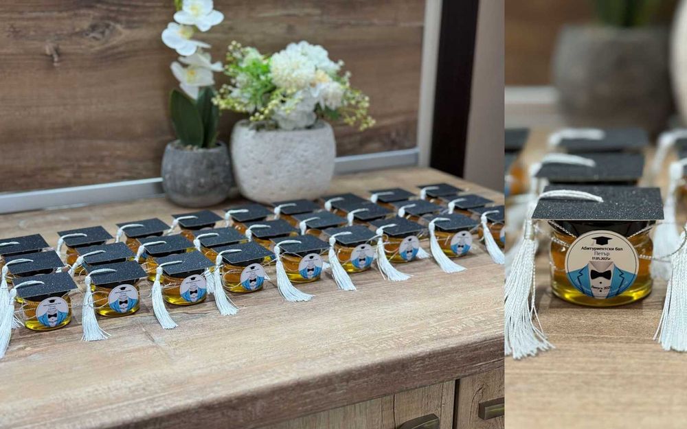 Подаръчета за гости за бал - бурканчета с мед или свещ за абитуриент