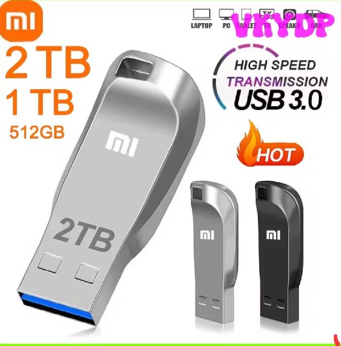 Нов USB памет преносим Xiaomi, 2 TB терабайта, 3.0, блестящо сребристо