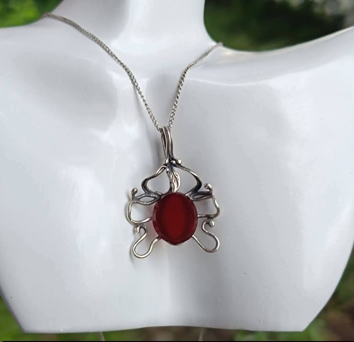 Vechi lant argint 835 cu pandantiv piatra carnelian argint 875, german