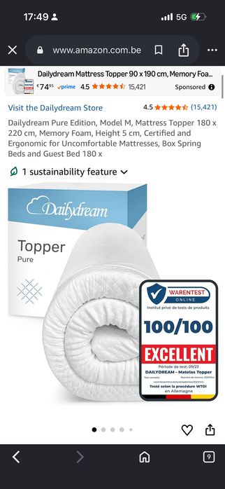 Чисто нов топ матрак Daily Dream Pure Topper 180x220 5cm дебелина мемори пяна memory foam Made in Germany