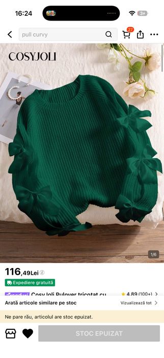 Pulover verde smarald cu fundite de satin