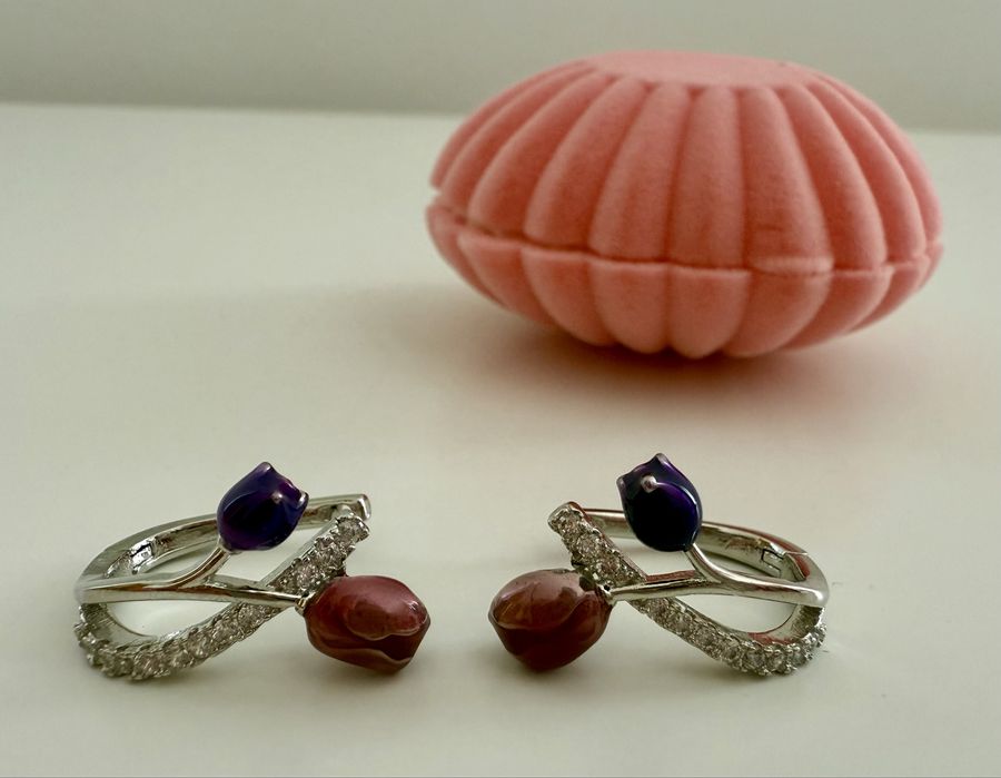 Сребърни обеци S925 с камък - цирконий - Роза