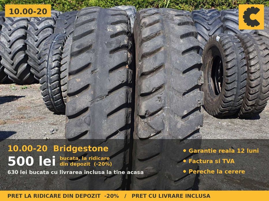 Cauciucuri Anvelope 10.00-20 10.00R20 10-20 10.00 20 1000-20 100020 Bridgestone Remorca Implement Flotatie SH Second Hand STOC REAL Garantie 1 An