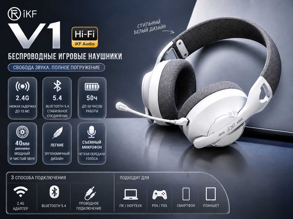 iKF V1 — беспроводные игровые наушники | 2.4G + Bluetooth 5.4 | до 50ч