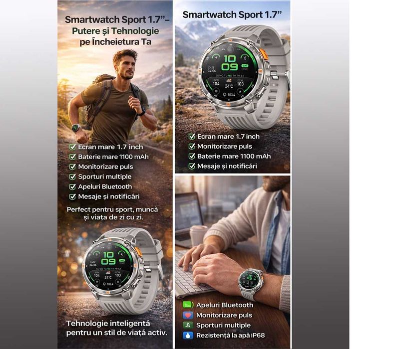 Smartwatch, ecran 1.7 HD, baterie 1100 mAh,autonomie 20-30 zille,IPS68