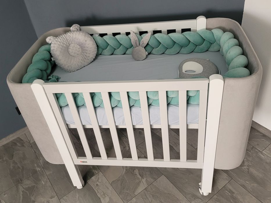 Patut lemn masiv Nancy gri 0-6 ani + saltea Cocos Aloe Vera