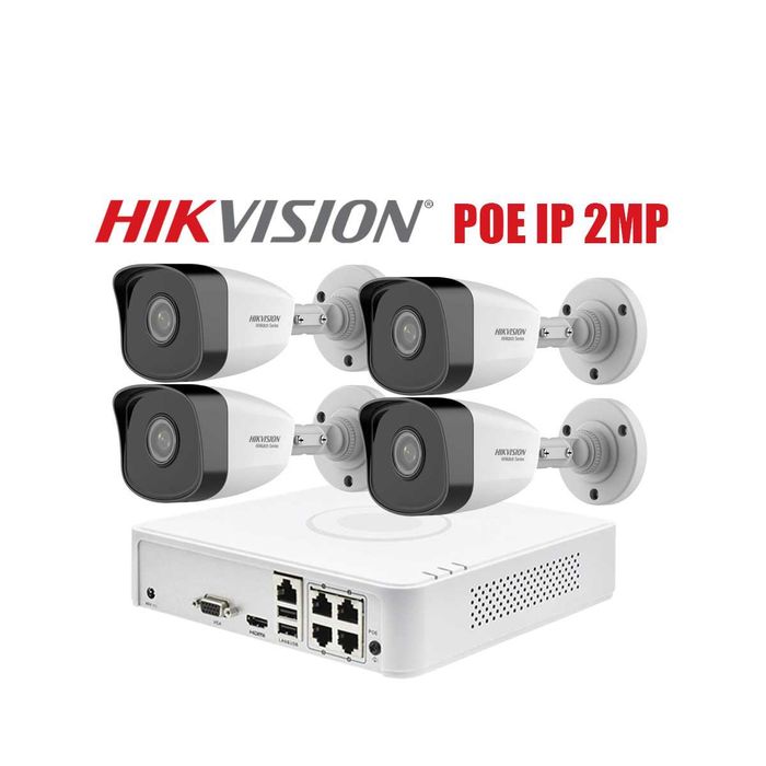 Hikvision IP КОМПЛЕКТ с 4 Булет PoE Камери 2MP и PoE NVR