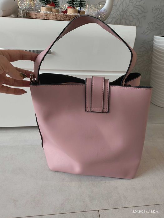 Дамска чанта - кожена , цвят пепел от рози