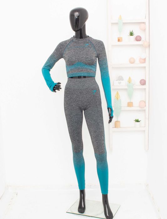 Gymshark комплект топ и клин висока талия синьо сиво преливащо XS-S