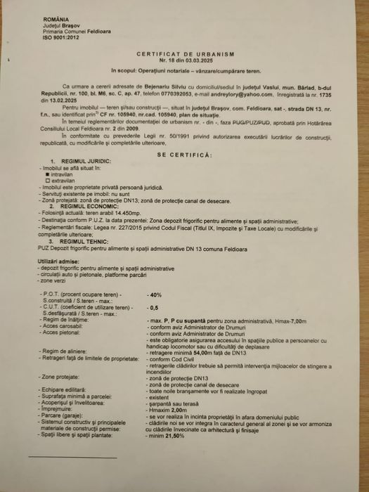 IDEAL INVESTIȚIE ! Vand  teren intravilan industrial DN13 PUZ depozit