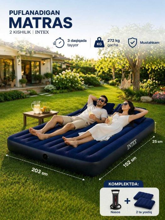 Ikki kishilik puflanadigan matras Intex nasos va yostiqlar,203×152 sm