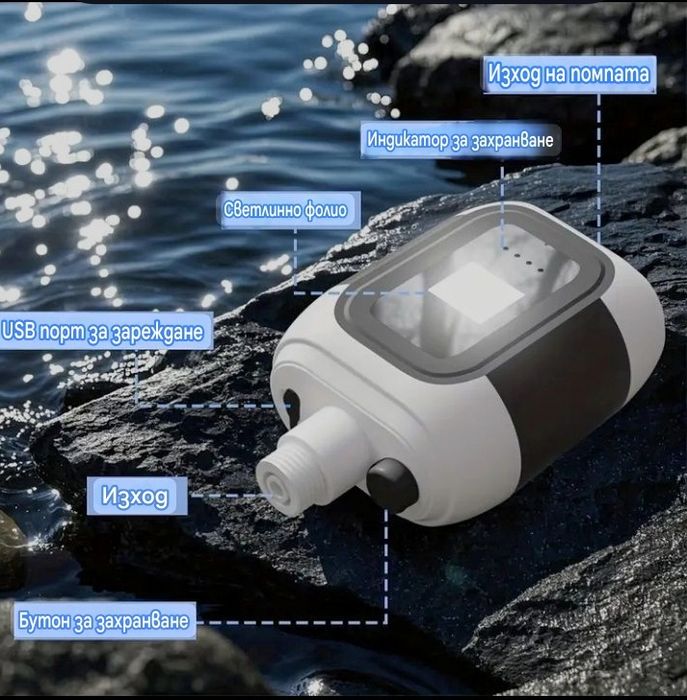 Външен/къмпинг/,вътрешен душ с помпа ,литиева батерия и фенер/лампа/