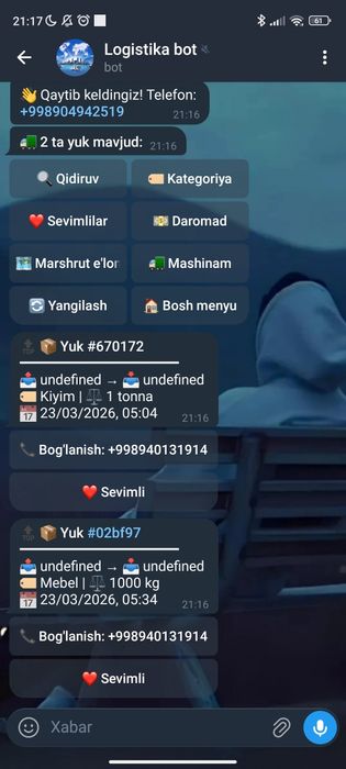 “Tayyor logistika Telegram bot sotiladi (biznes)”