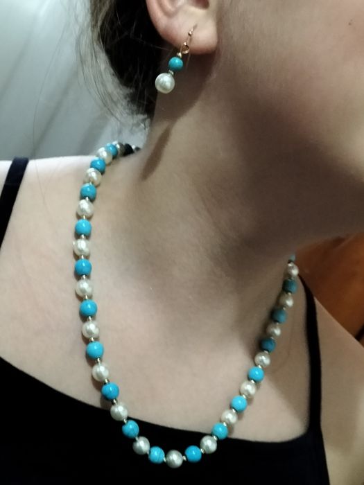 Set bijuterii boho- colier, brățară, cercei și inel, turcoaz & perle