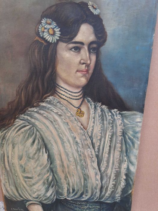 tablou vechi pictura pe panza 78/49 cm semnat C Scortea datat 1908