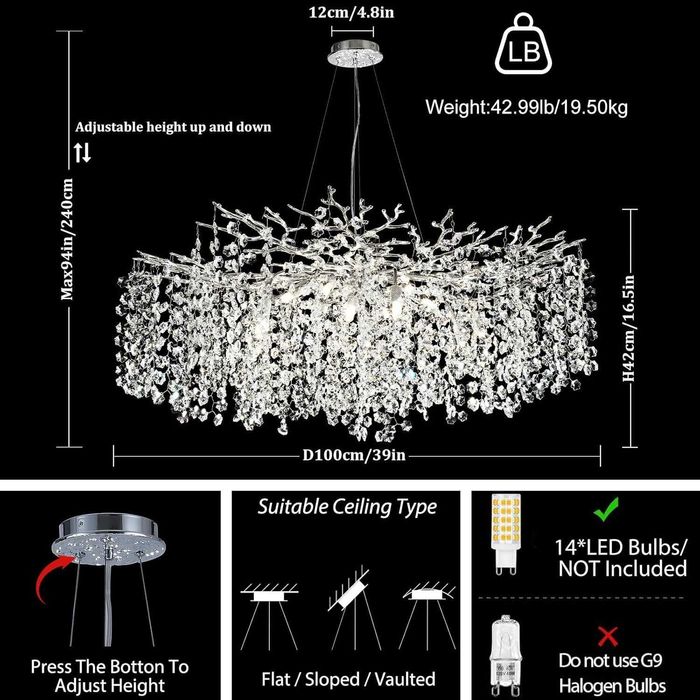 Кристални полилеи с клонки, никелирани 80см модерен сребърен ЛЕД LED