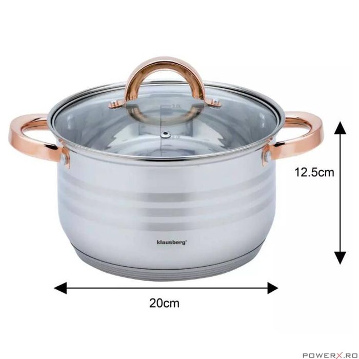 Set 12 piese inox, cu capac din sticla, 5 oale si o tigaie, gri, roze,