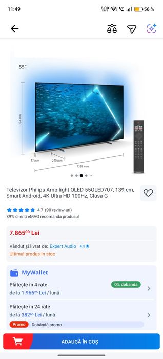 Televizor Philips Ambilight OLED 55OLED707, 139 cm, Smart Android, 4K