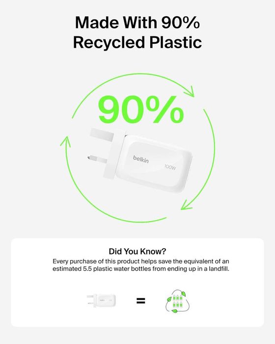 Зарядно Belkin 3-портово 100W, GaN, с 2 USB-C и 1 USB-A порта, бяло