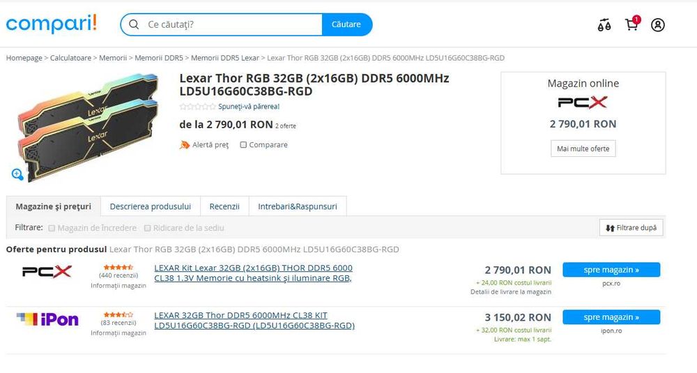 Kit RAM DDR5 Lexar THOR RGB 32GB (2x16GB) 6000MHz CL38