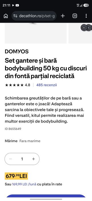 Set gantere si bara bodybuilding de 50kg  si banca reglabila