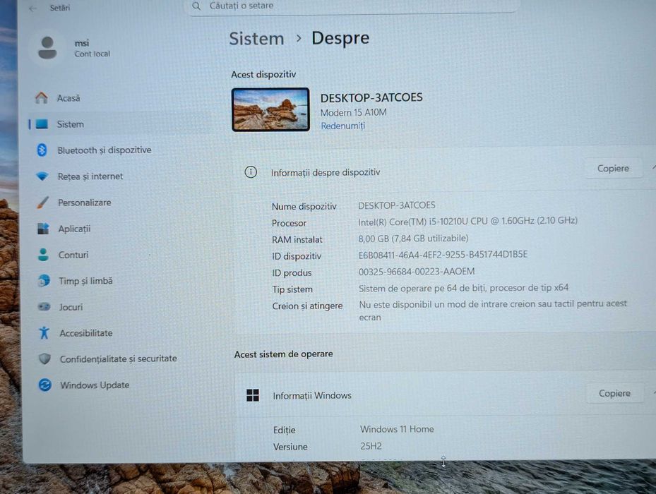 Laptop MSI Modern 15 A10M, Intel Core i5-10210U, 8GB RAM, 256GB SSD