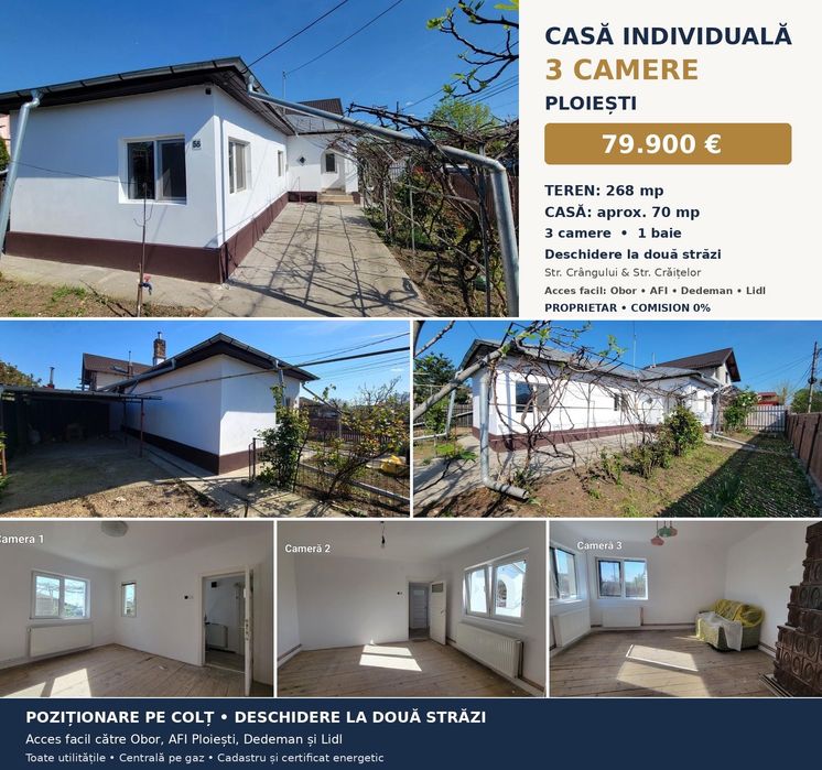 Casă individuală 3 camere, Ploiești | Teren 268 mp | Deschidere la două străzi
