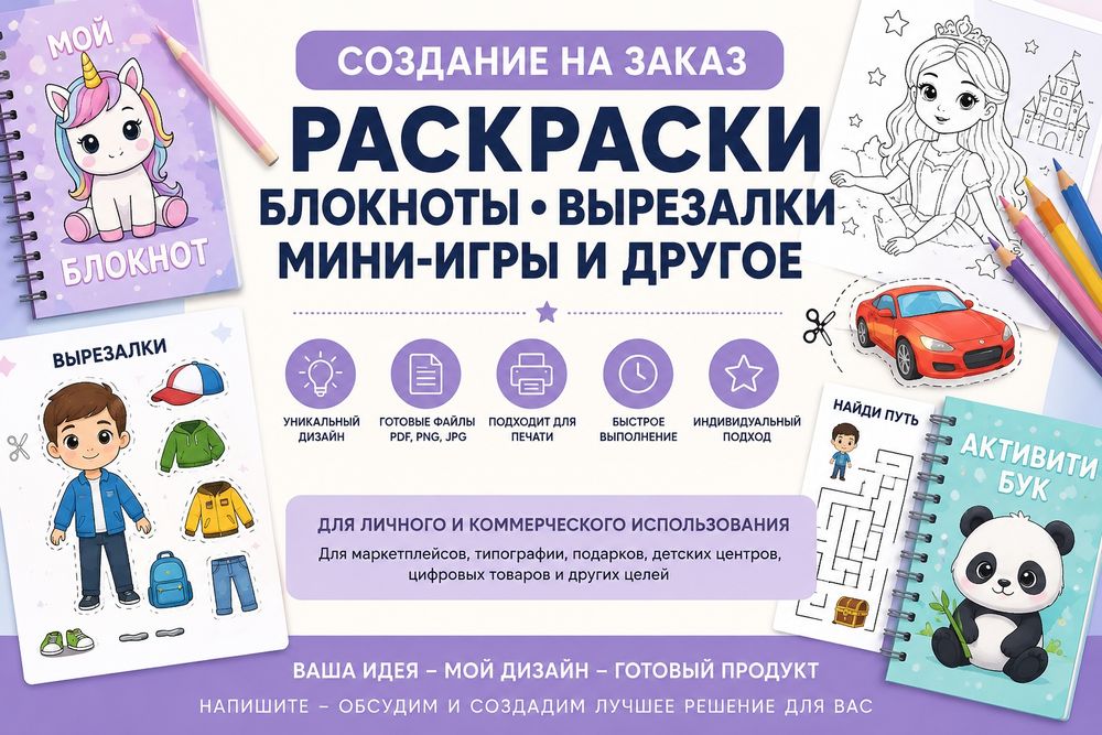 Создание раскрасок, блокнотов, вырезалок, мини-игр и PDF-книг на заказ