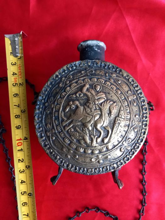 19Век Стара Бронзова Барутница,Барутник Свети Георги