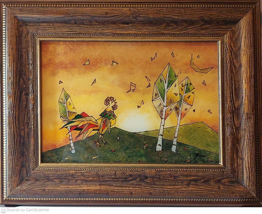 Tablou,pictură, miniatură pe sticlă, idee cadou,cocoș