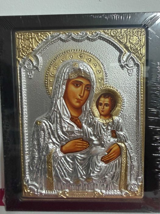 icoana veche icoana argintata dim 20x24 cm maica domnului cu pruncul