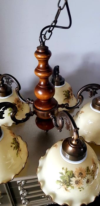 Candelabru/veioze vechi din bronz ceramică și lemn