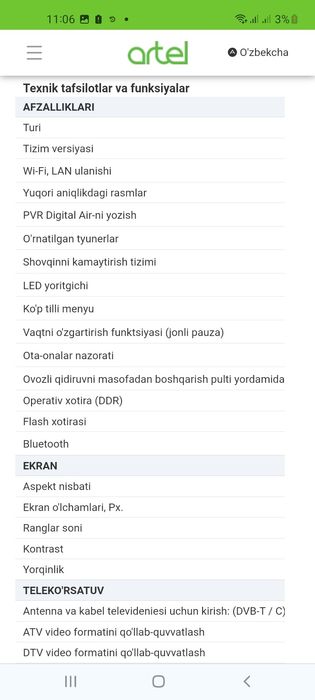 ARTEL UA43H3502 4K Ultra HD Golosovoy Dubl  pultli 3 yil gar