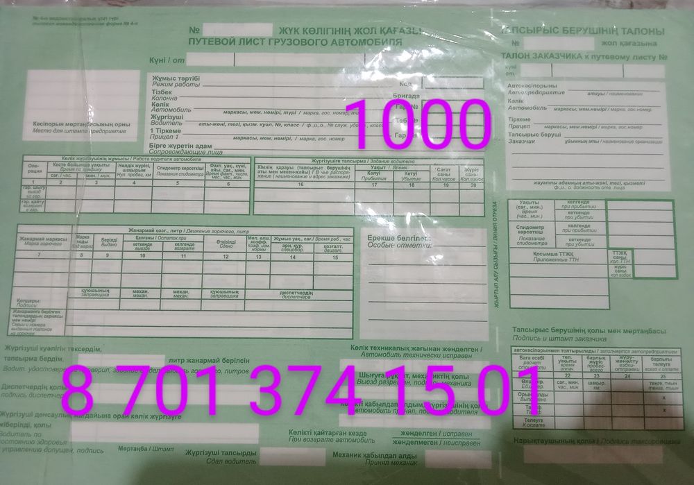 Путевой лист грузового автомобиля