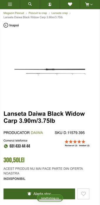 Set 3 Lansete Daiwa Black Widow 3.90m 3.75 Lb Set 3 Mulinete CB-60