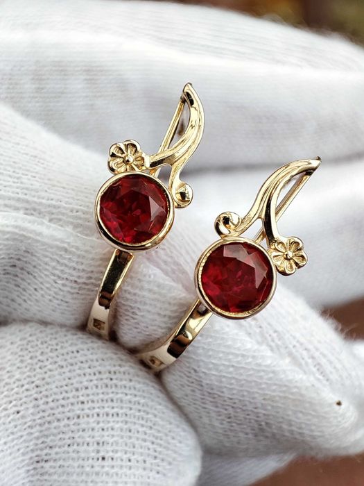 Cercei Aur 14K 583 Rusia Rusesti Aur Rusesc Retro Traditionali Rubelit