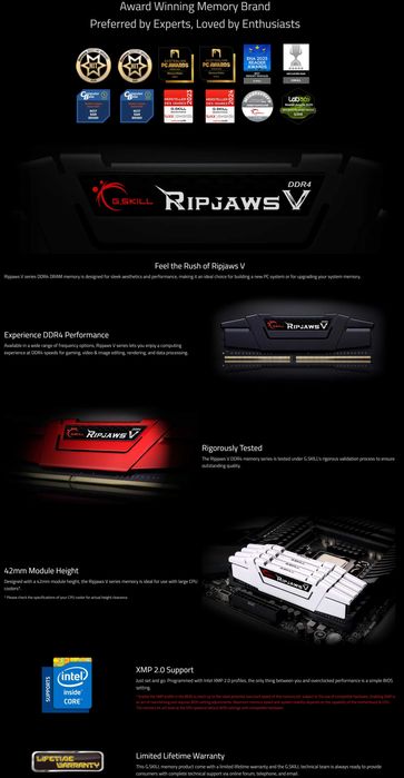 RAM 16GB 2x8gb G.SKILL Ripjaws V DDR4 3600Mhz KIT за компютър