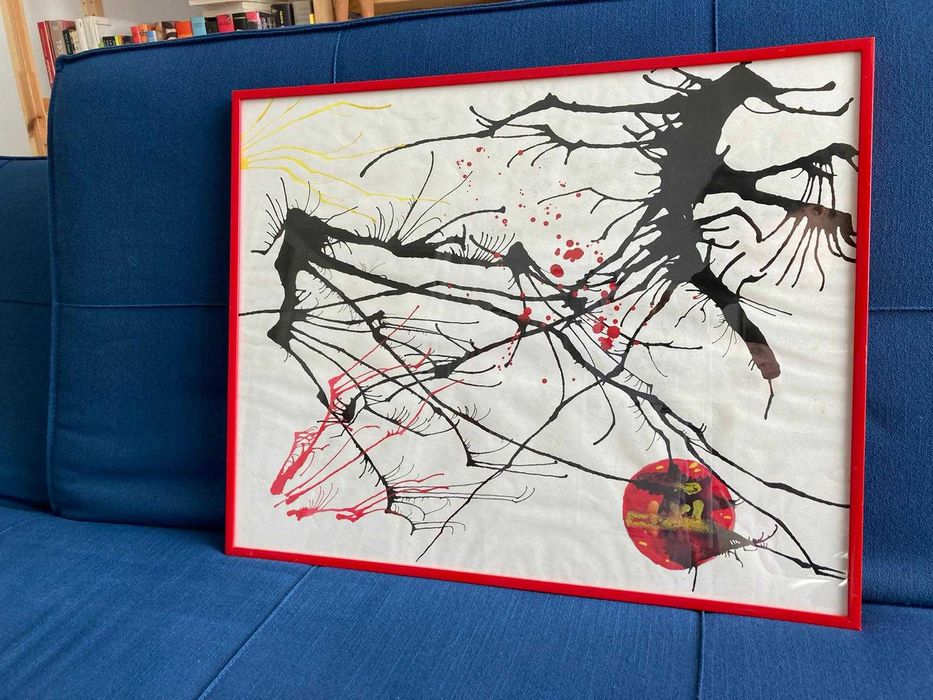 Tablou modern pictat manual Franta anii 70 rama expoztionala rosie