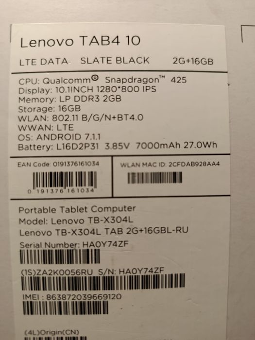 Планшет Lenovo tab4  10