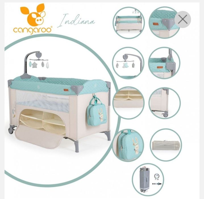 Patut pliabil cu 2 nivele, laterala culisanta, organizator haine cu 4 compartimente, segmente plasa de ventilatie, geanta accesorii, saltea si carusel