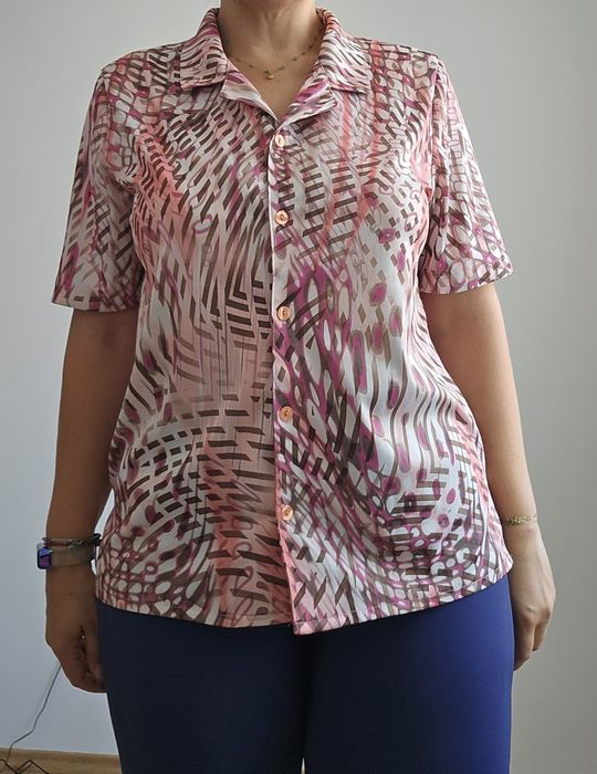 Розова шарена риза блуза с яка и къс ръкав бонус шал подарък