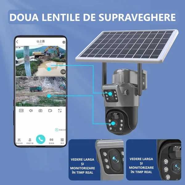 Camera Supraveghere Panou Solar 4G Dubla Doua Lentile 4G HD 8MP 360°
