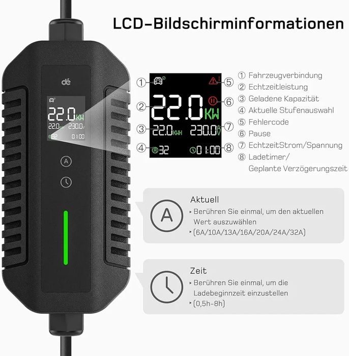 Мобилна зарядна станция dé Type 2, 22kW, CEE 32A + адаптер CEE 16A, 7м